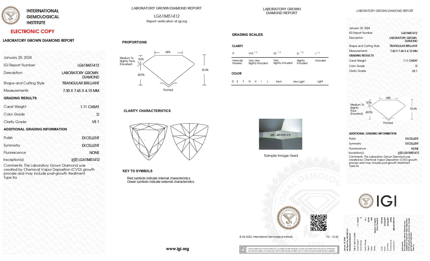 Trilliant 1.11ct D VS1, Lab Grown Diamond, IGI Certified Loose Diamond for Wedding Band, Earrings or Pendant.