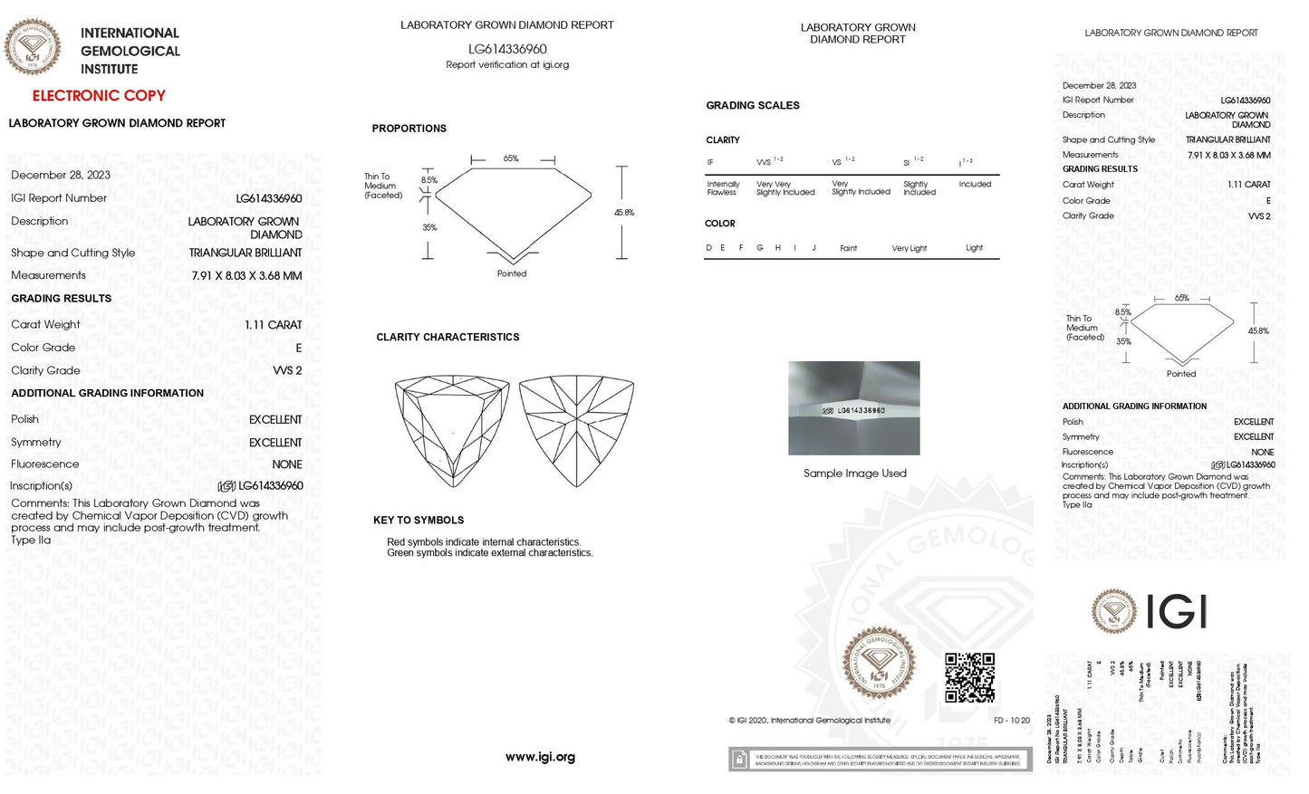 Trilliant 1.11ct E VVS2, Lab Grown Diamond, IGI Certified Loose Diamond for Wedding Band, Earrings or Pendant.