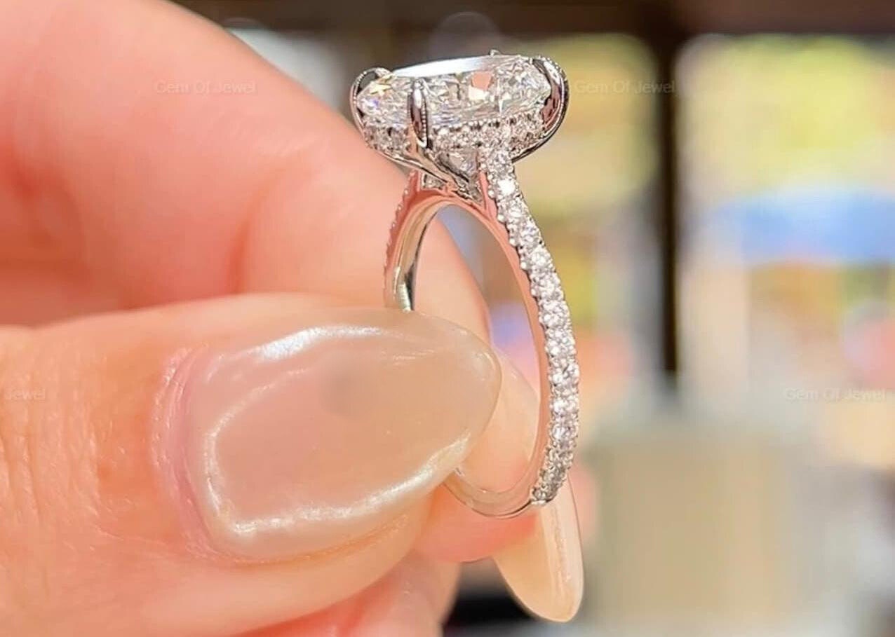 4.04ct Oval lab grown diamond engagement ring with Hidden Halo Cathedral Setting, G color, VVS2 clarity, 18k white gold - AntiqueCut
