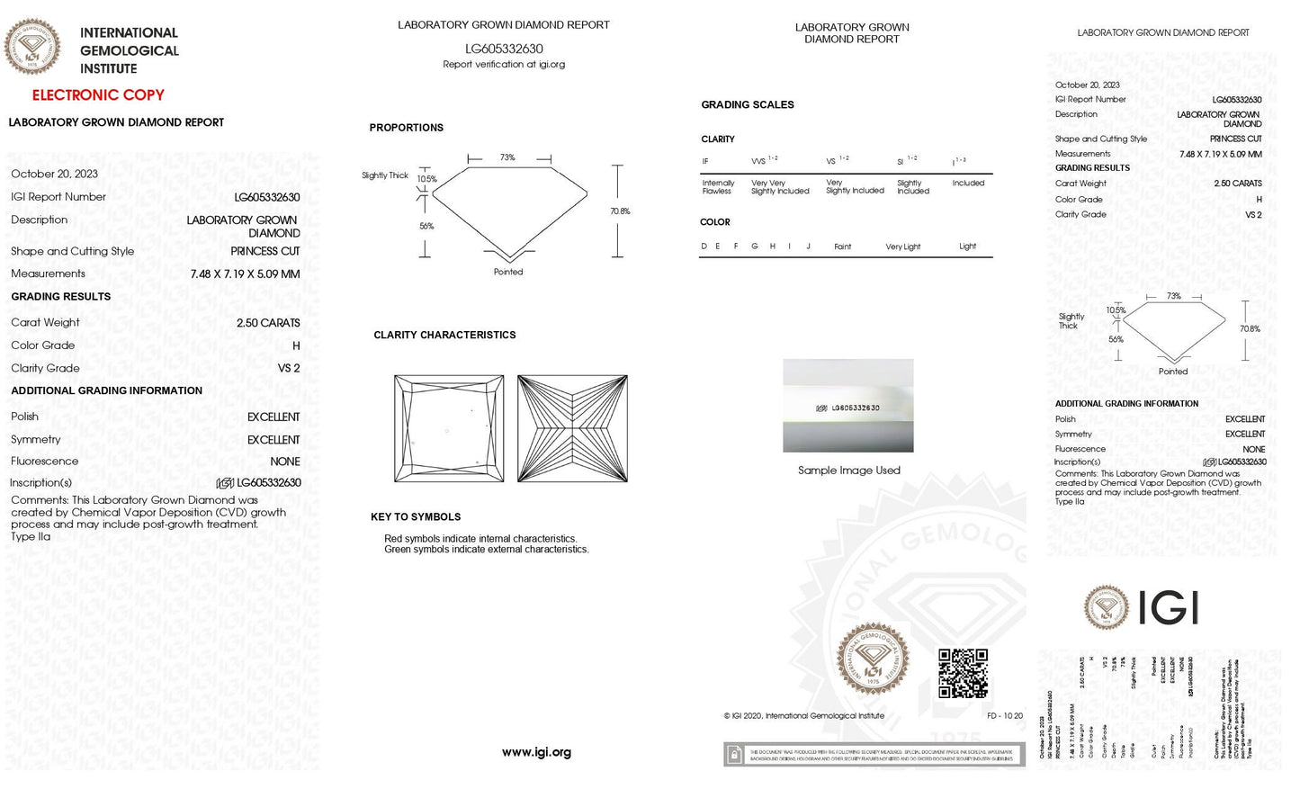 Princess 2.50ct H VS2, Loose Lab Diamond Excellent Cut,  IGI Certified Gemstone Diamond Gift for Jewelry
